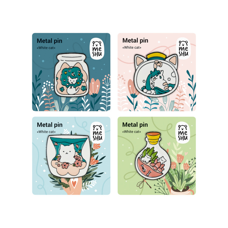 Набор металлических значков MESHU "White cats", эмаль, 4шт, картонная подложка, европодвес, 368834