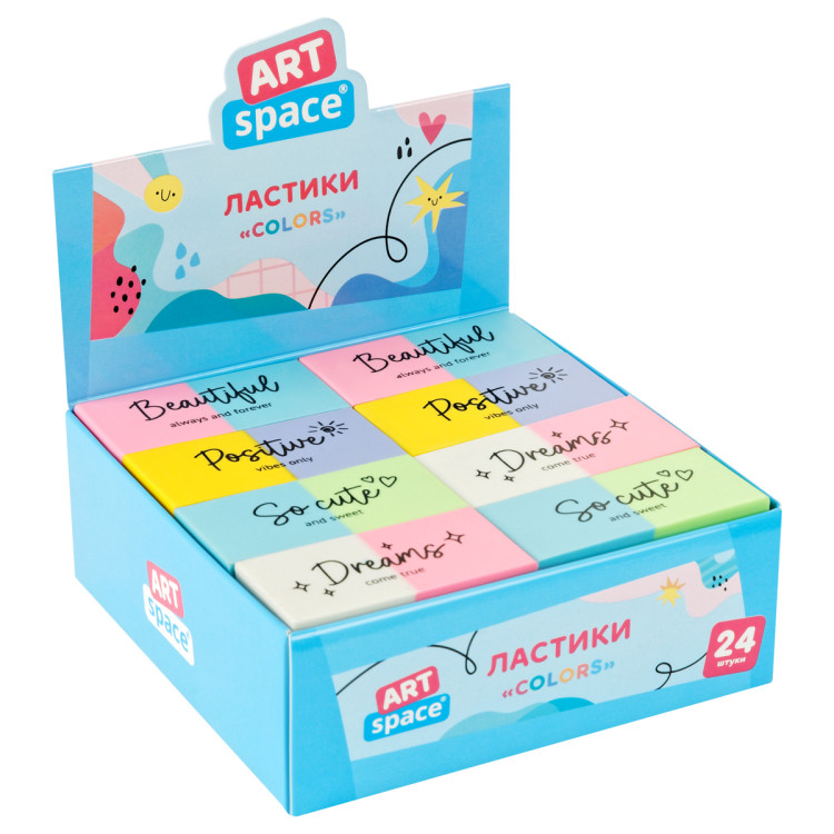Ластик ArtSpace "Colors", прямоугольный, 44*22*11мм, 24 штук, 336989 Ластик ArtSpace "Colors", прямоугольный, 44*22*11мм, 24 штук, 336989