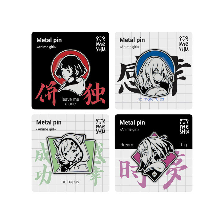 Набор металлических значков MESHU "Anime girls", эмаль, 4шт, картонная подложка, европодвес, 368839