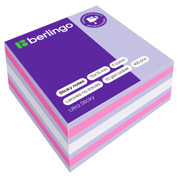 Самоклеящийся блок Berlingo "Ultra Sticky", 75*75мм, 450л., 3 цвета, 270291 Самоклеящийся блок Berlingo "Ultra Sticky", 75*75мм, 450л., 3 цвета, 270291