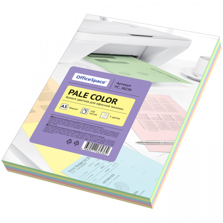 Бумага цветная OfficeSpace "Pale Color", А5, 80г/м?, 100л., (5 цветов), 315733 Бумага цветная OfficeSpace "Pale Color", А5, 80г/м?, 100л., (5 цветов), 315733